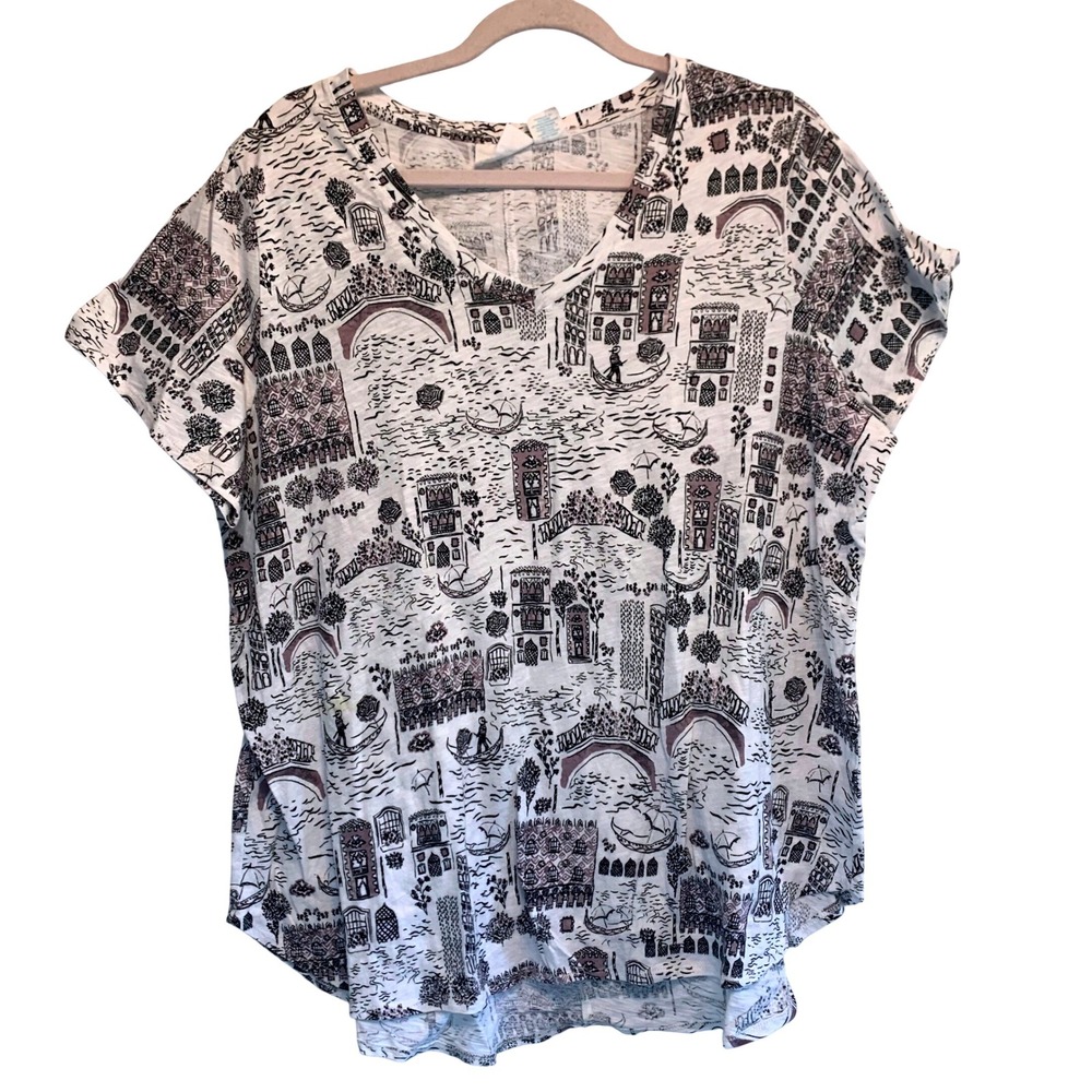 Cynthia Rowley Venice Cityscape Collection T-Shirt 2X Gondola V-Neck Art Deco